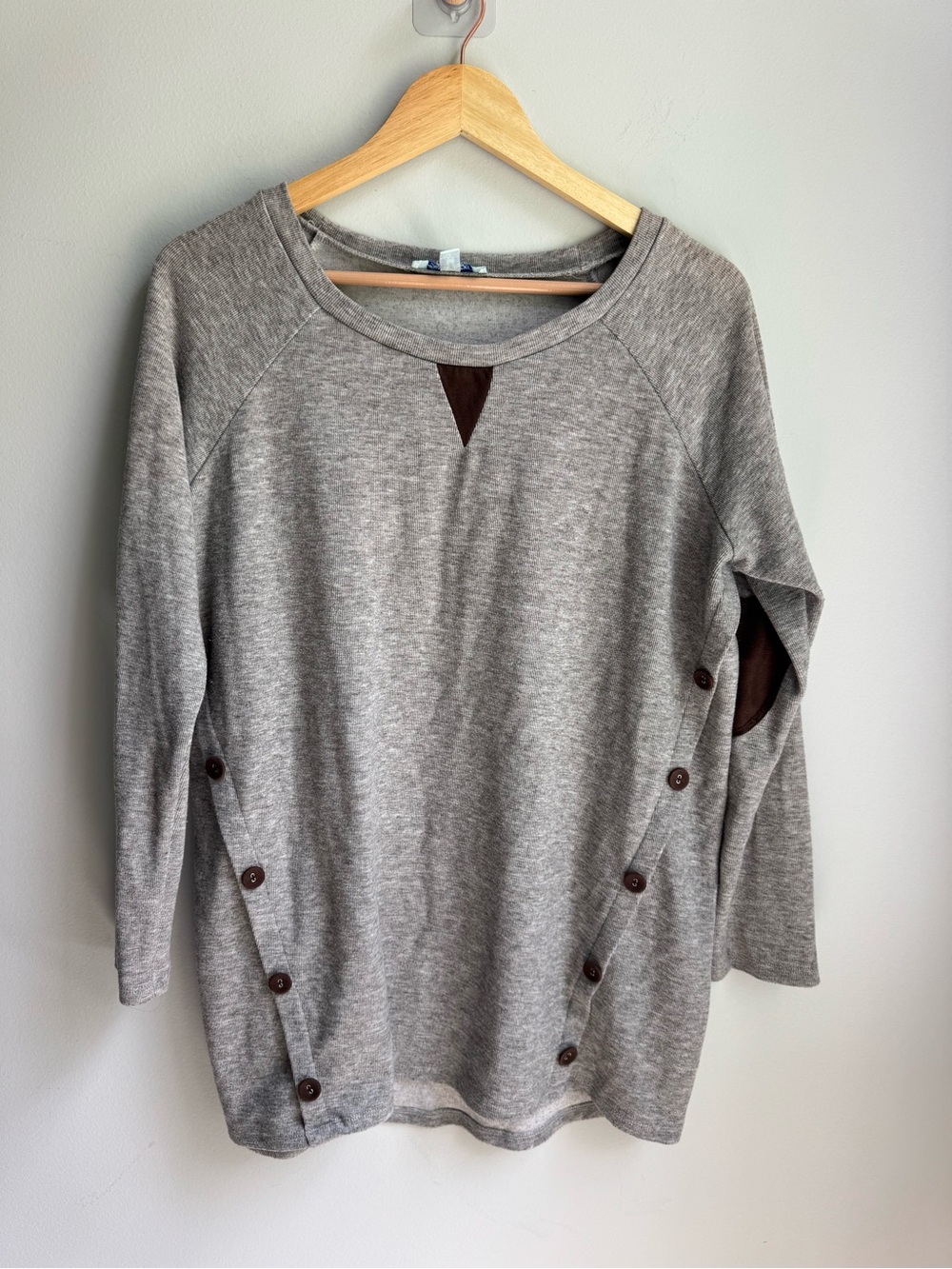 She + Sky Gray Buttons Elbow Patch Pullover Brown Accents Grandmillenia